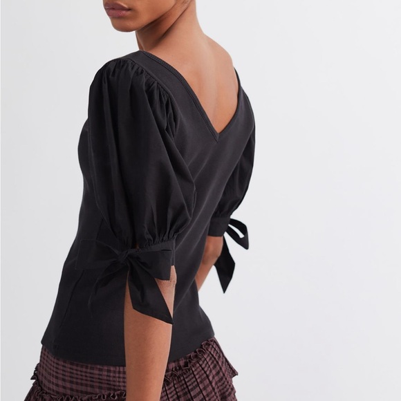 NWOT Maeve (Anthropologie) black v-neck puff tie-sleeve top - Picture 2 of 8